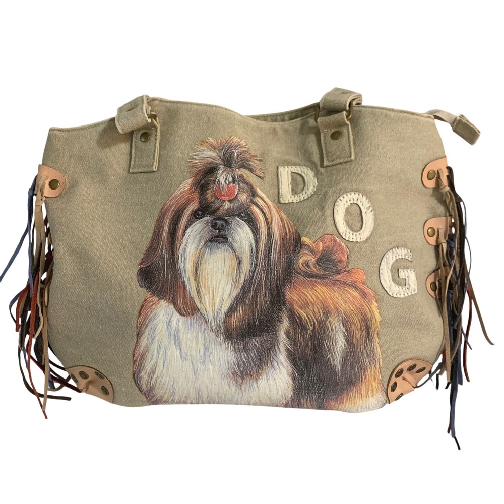 Vintage Far Nine Purse Women Brown Canvas Dog Shih Tzu Zip Top Casual Rare